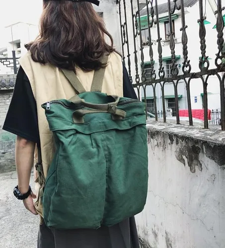 Miniatura 9 de Mochila de lona vintage para mujeres y hombres, bolsa de viaje casual de gran capacidad, de mezclilla, estilo grunge, senderismo, viajes (verde)