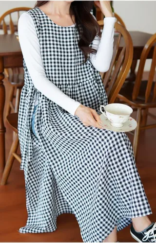 Miniatura 3 de Vestido de delantal a cuadros, delantal japonés de lino y algodón con espalda cruzada para mujer con bolsillos, vestido corto con lazos en la cintura