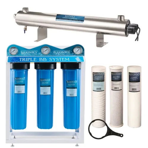 Sistema de filtro de agua de pozo Bluonics de 24 GPM con UV de 110W, carcasas triples de 4.5"x20", filtros de sedimento y carbón incluidos