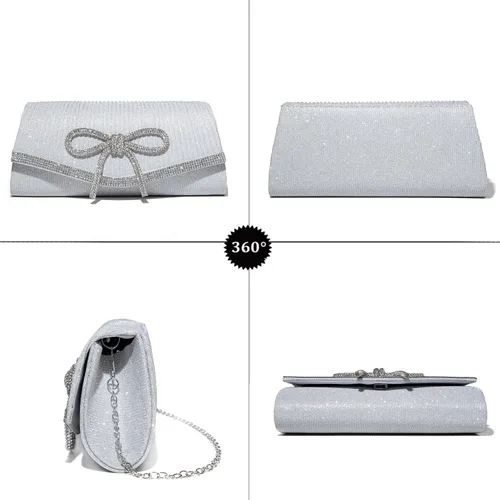 Miniatura 4 de Bolso de mano brillante con lazo para mujer, bolso de noche brillante con diamantes de imitación para baile de graduación, bolso de mano de boda