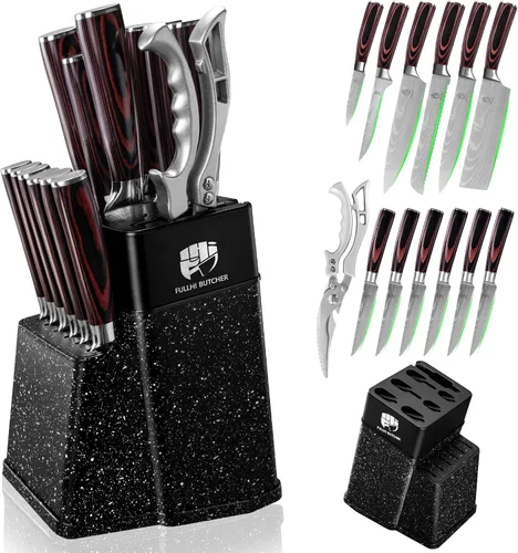 Miniatura 9 de FULLHI Juego de 14 piezas de cuchillos con bloque, juego de cuchillos de chef y de carne con bloque y afilador, juego de cuchillos de cocina, mango