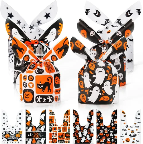 Miniatura 8 de Weenkilly 100 Bolsas de Golosinas de Halloween, 4 Estilos de Bolsas de Dulces para Niños, Linda Bolsa de Golosinas con Orejas de Conejo de Plástico