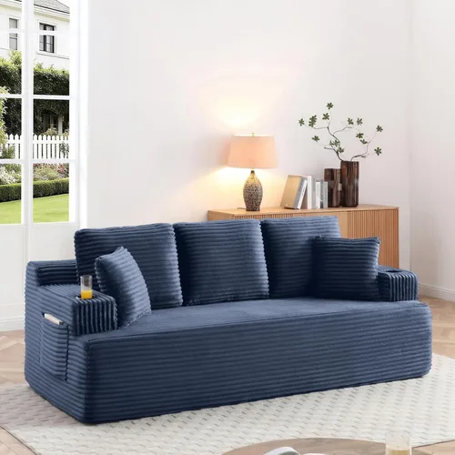 Miniatura 20 de Sofá sin hueso de 66.5 pulgadas con portavasos y bolsillos laterales, sofá biplaza tapizado de tela de pana moderna con 2 almohadas para sala