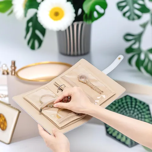 Miniatura 6 de Vlando Organizador de libros de joyería, estuche de viaje de cuero con 5 páginas desmontables para collares, anillos, aretes, sin enredos