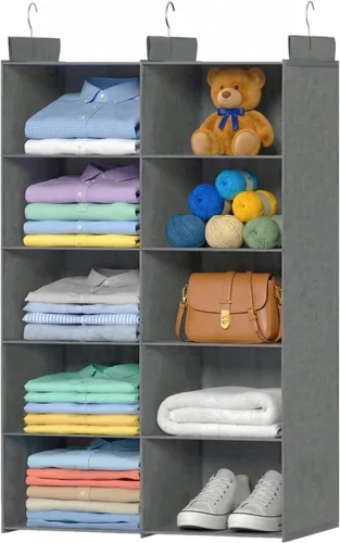 ALLTIDYUP Organizador de Armario Colgante de 5 Estantes – Organizador de Ropa Plegable de Doble Fila con 3 Ganchos, Organizador de Armario y Gris