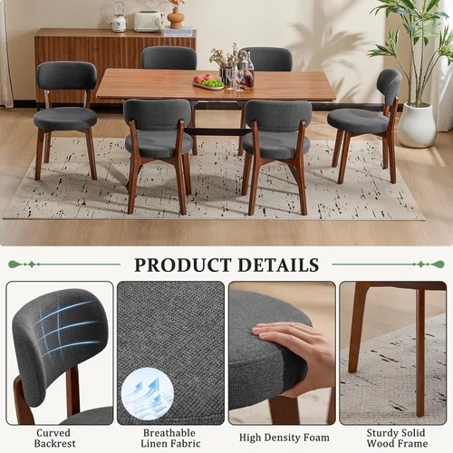 Miniatura 7 de Furniliving Juego de 4 sillas de comedor de madera de roble, sillas de cocina tapizadas de lino moderno de mediados de siglo con madera de roble