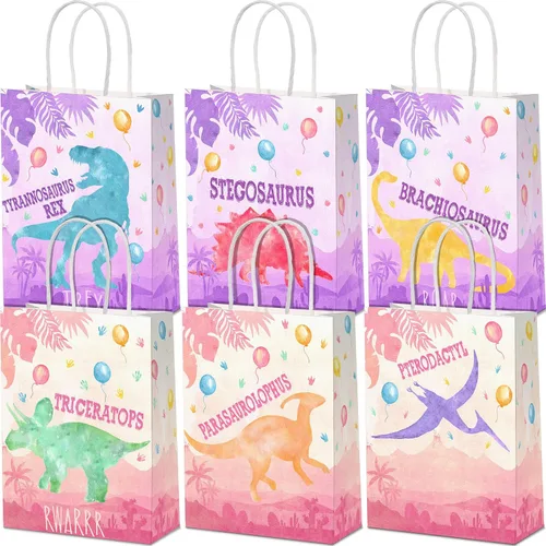 Miniatura 11 de Pajean 24 bolsas de caramelos de dinosaurio con asa, bolsas de papel de recuerdo de fiesta de dinosaurios, regalos para niños, envoltura
