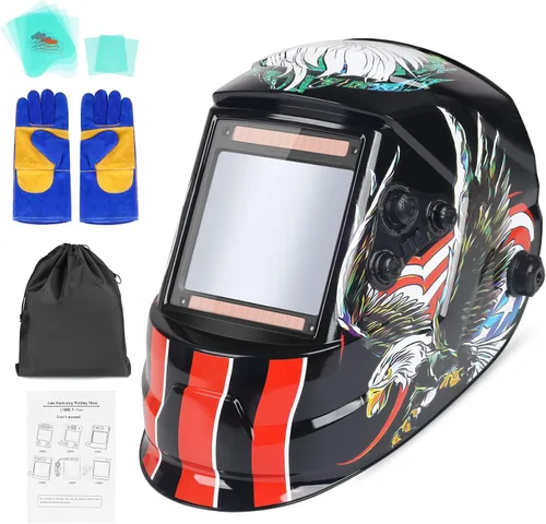 Casco de soldadura con capucha de oscurecimiento automático, color verdadero, 3.94 x 3.66 pulgadas, visión grande, alimentado por energía solar, Rojo