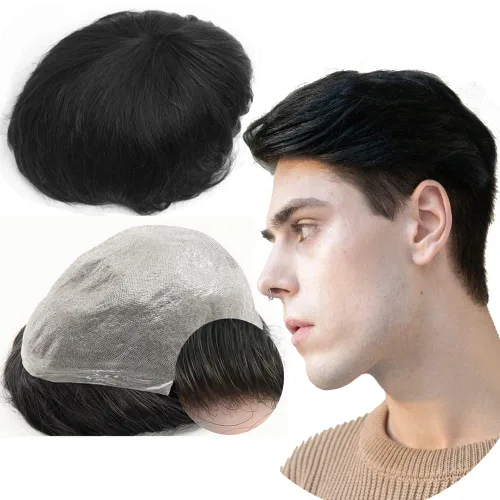 Extensiones de cabello humano tipo tupé para hombre, sistema de reemplazo de cabello humano 100% europeo real, cabello humano real, sistema de #1