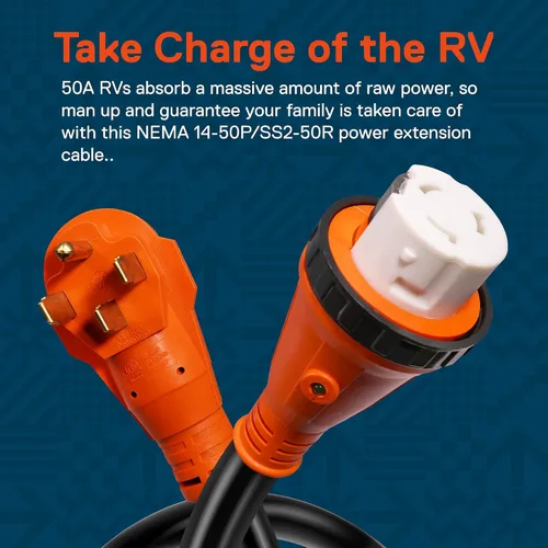Miniatura 2 de True Mods - Cable de extensión de alimentación para generador RV de 25 pies, 125 V, 250 V, 50 amperios, bloqueo giratorio atornillado, NEMA 14-50P
