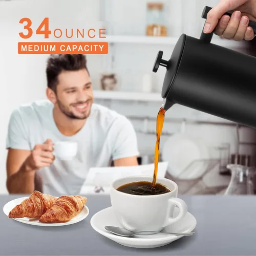 Miniatura 2 de Secura Cafetera de prensa francesa con filtro de acero inoxidable de 3 capas, 34 onzas, negro, diseño aislado de doble pared con 2 filtros