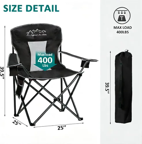 Miniatura 3 de Paquete de 2 sillas plegables de camping con respaldo alto, cómodas sillas grandes para exteriores para adultos, capacidad de 400 libras, silla