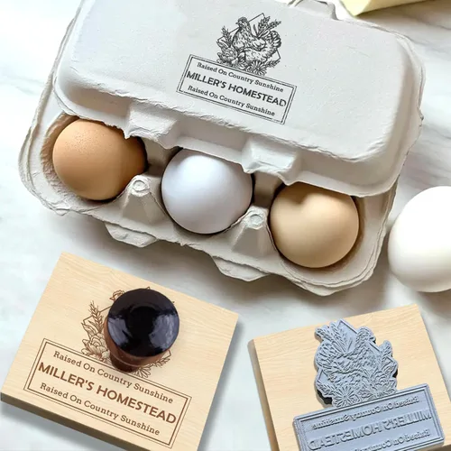 Miniatura 7 de UBJVA Sellos de cartón de huevos personalizados personalizados para huevos frescos de granja, sello de goma de madera para gallinero de granja