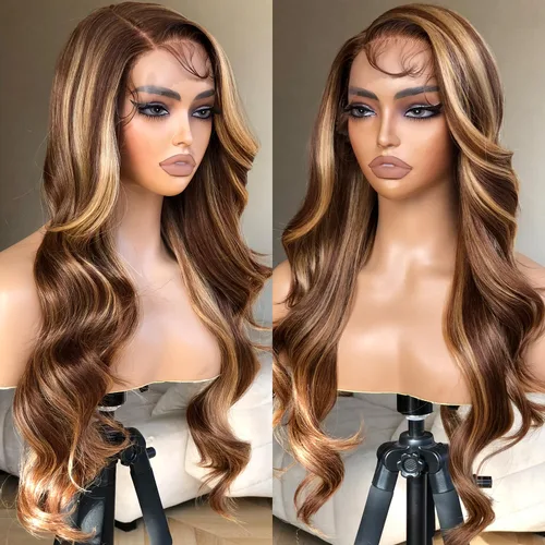 Miniatura 9 de BrownBomb - Peluca sintética de encaje frontal con onda corporal rubio miel, prearrancada, sin pegamento para mujeres, 4/27 con reflejos, degradado