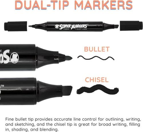 Miniatura 4 de U.S. Art Supply Super Marcadores Negros de Doble Punta para Tela Permanentes para Ropa - Juego de 6 Bolígrafos de Tela con Tinta Permanente