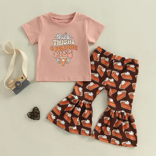 Miniatura 52 de Conjunto de sudadera con cuello redondo y estampado de pastel de calabaza para niña, camiseta y pantalones acampanados