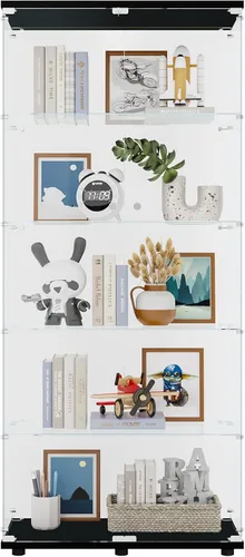 Miniatura 6 de Vitrina de cristal de 74.33 pulgadas con 5 estantes de doble puerta, gabinetes Curio para sala de estar, dormitorio, oficina, estantería de vidrio