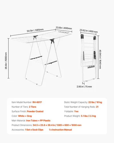 Miniatura 7 de VEVOR Estante de secado de ropa, estante plegable de 2 niveles con clips para calcetines y 21 varillas de secado, estantes de secado ajustables
