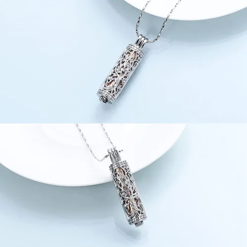 Miniatura 43 de Imrsanl Collar con colgante de urna de cremación con vial de cilindro hueco, urna de recuerdo, joyería de cremación, medallones conmemorativos