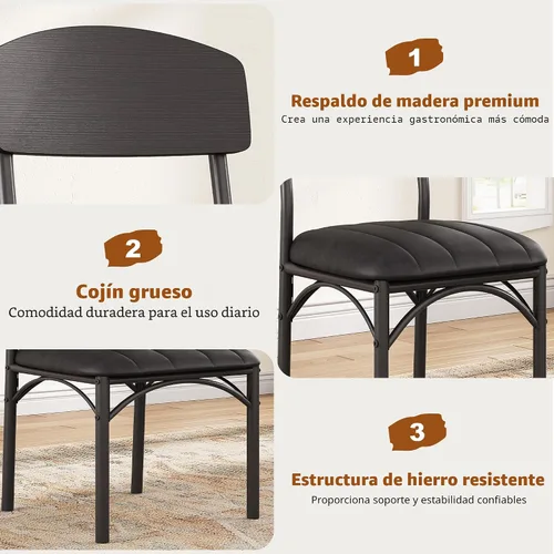 Miniatura 7 de Jocoevol Juego de 4 sillas de comedor tapizadas con piel sintética, sillas de cocina industriales con respaldo de madera y patas de metal gruesas
