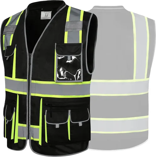 Miniatura 6 de JKSafety Chaleco de Seguridad Negro de Alta Visibilidad con Cremallera Frontal de 10 Bolsillos Cuello Acolchado Cintas Altamente Reflectantes
