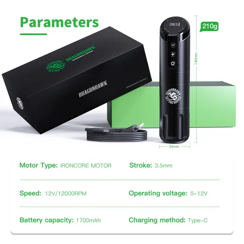 Miniatura 8 de Dragonhawk Kit de pistola de tatuaje Kit de tatuaje inalámbrico para principiantes, kit completo de máquina de tatuaje, fuente de alimentación