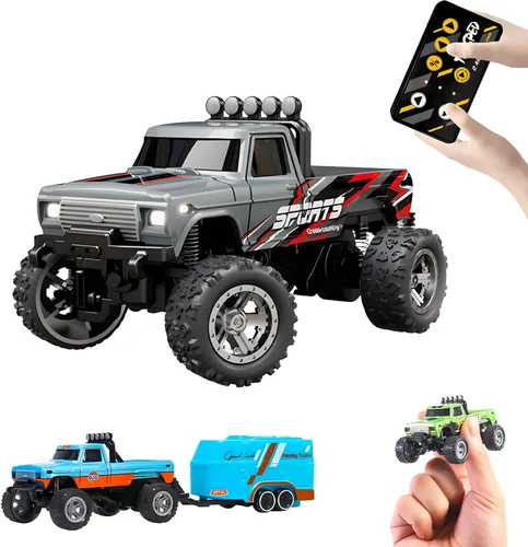 Mini Monster Truck, Auto a control remoto a escala 1:64 con luces, Camión RC todoterreno de 2.4GHz, Auto RC recargable por USB con velocidad gris