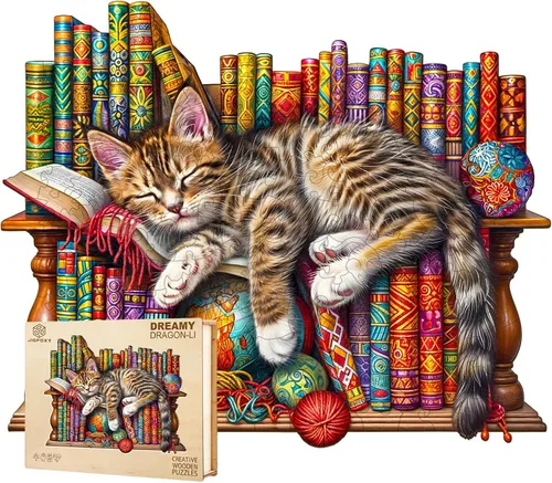 Jigfoxy Rompecabezas de madera para adultos, rompecabezas de madera de gato DragonLi para adultos, rompecabezas de madera con forma de animal único,