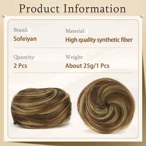 Miniatura 2 de SOFEIYAN 2 piezas Mini clip de garra en moño de cabello con orejas de gato desordenadas, extensión de moño sintético de dona, accesorio de peluca