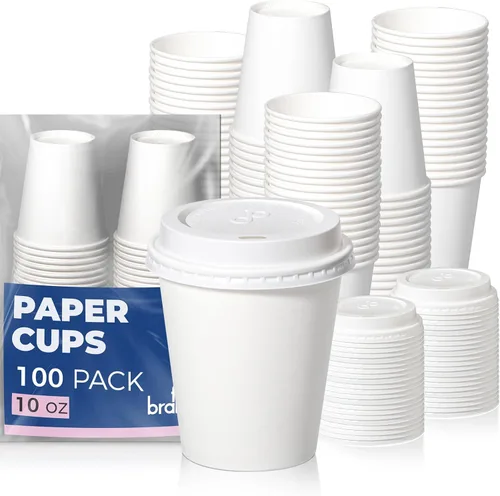 Fit Meal Prep Paquete de 100 tazas de café desechables de 10 onzas con tapas, vasos de papel de primera calidad, tazas de café caliente a prueba de