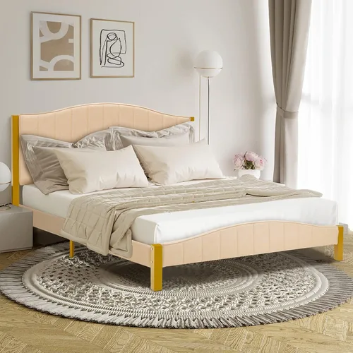 Miniatura 9 de Giantex Base de cama tapizada de tamaño matrimonial, base de cama moderna con cabecera acolchada, base de colchón con soporte de listones de madera
