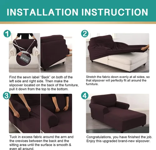 Miniatura 6 de Funda ajustada para sofá chaise lounge - Doble brazo, funda elástica - Protector de muebles lavable (Marrón, cuadros pequeños)