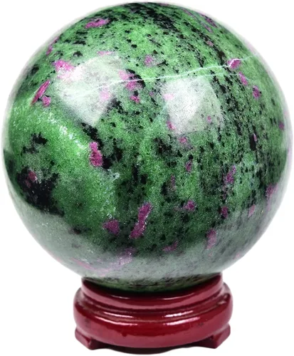 JIC Gem Esfera grande de piedra preciosa de rubí zoisita bola de cristal curativa esfera de cristal rojo y verde con soporte de madera bola