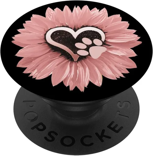 Girasol y perro con estampado de huellas de flores rosas PopSockets agarre y soporte para teléfonos y tabletas, Negro