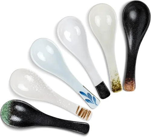 Miniatura 11 de 6 Piezas de Cucharas de Sopa de Cerámica Japonesa Retro, Cucharas de Sopa Asiáticas, Cucharas de Arroz de Estilo Japonés, Cubiertos Planos, Cucharas