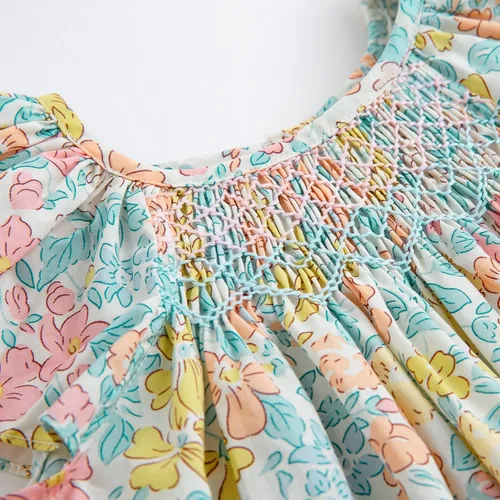 Miniatura 4 de Simplee kids Vestido casual para niñas pequeñas, vestido fruncido con estampado floral para primavera y verano de 1 a 6 años