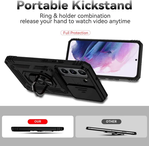 Miniatura 7 de Funda para Samsung Galaxy S22 Plus con cubierta para lente de cámara, protector de pantalla HD, soporte magnético con anilla de grado militar, Negro