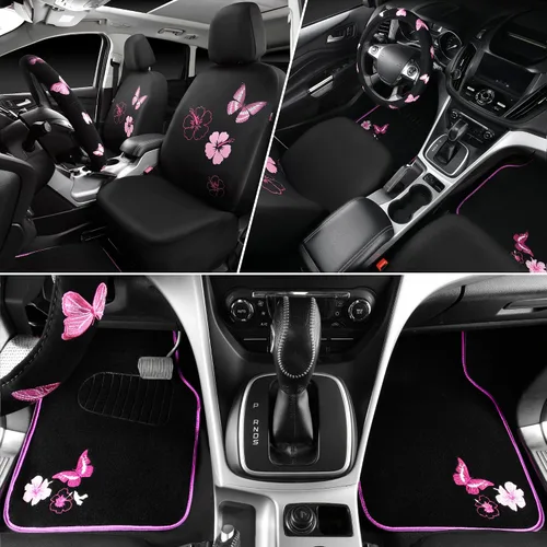 Miniatura 4 de CAR PASS Juego de fundas universales para asiento delantero de automóvil, diseño de flores bordadas, impermeables, fundas para volante, mariposa