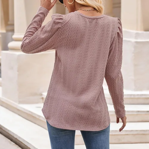 Miniatura 3 de Camiseta de manga larga jacquard de punto de color sólido para otoño e invierno para mujer, cuello en V, tops de verano para mujer Plus