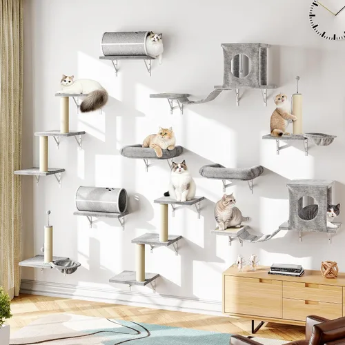 Miniatura 13 de NUNU LAB Estantes de muro para gatos, juego de 6 piezas de lujo montado en la pared, muebles para gatos interiores con 1 casa tipo condominio, 2