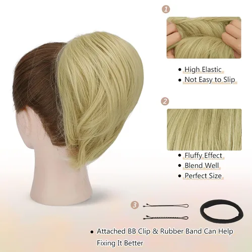 Miniatura 3 de BARSDAR Extensiones de moño de cabello lacio – Extensiones de moño de cabello rubio lacio corto para mujer, extensiones de moño sintético elástico