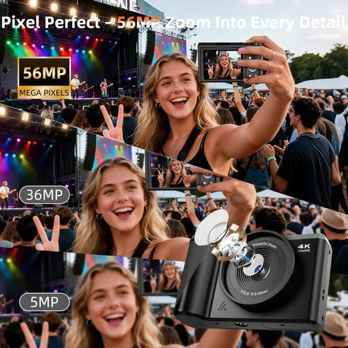 Miniatura 2 de Cámara digital 4K para fotografía, cámara de enfoque automático de 56 MP con pantalla abatible de 180° de 3 pulgadas, cámara compacta de viaje