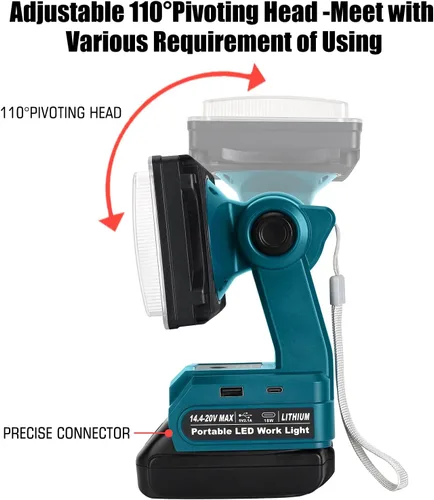 Miniatura 5 de Linterna de 18 W compatible con batería Makita de 18 V, reflector de 2000 lm de 18 V con puerto USB, puerto tipo C, cabezal giratorio de 110 grados