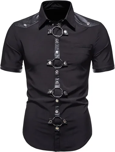 Camisas de manga corta con botones para hombre, color liso, ajustado, casual, formal, estilo punk, vintage, cuello de solapa