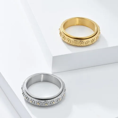 Miniatura 4 de Anillo giratorio de acero inoxidable de 0.236 in para mujer, diseño de margarita, girasol, promesa, alianza de boda, alivio del estrés