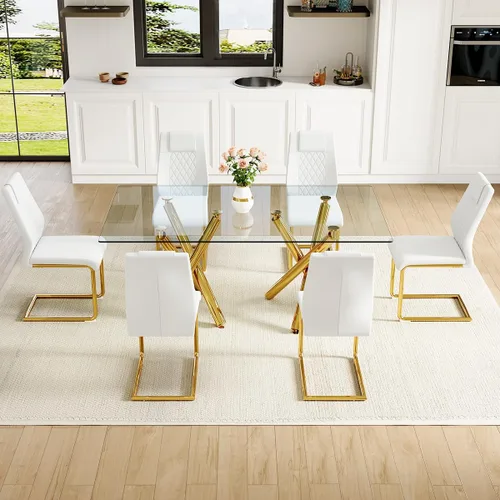 Miniatura 3 de Juego de mesa de comedor de cristal para 6,71 pulgadas, mesa de comedor para 6, mesa de cocina rectangular grande de vidrio templado y 6 sillas