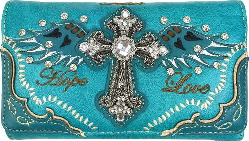 Zelris Faith Love Hope Cross Angel Wing Bible Women Crossbody Trifold Wallet