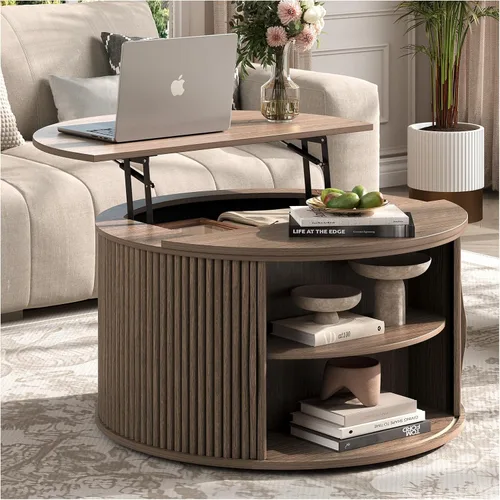 Miniatura 25 de Mesa de centro elevable con almacenamiento, mesa de centro moderna de mediados de siglo con patas de madera maciza, mesa central minimalista Roble