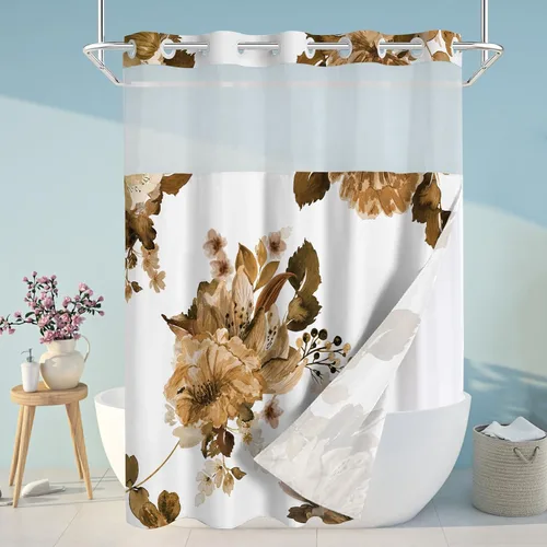 Miniatura 15 de Juego de cortina de ducha y forro sin gancho, cortinas de ducha florales negras para baño, juegos de cortinas de baño de hotel moderno con forro a