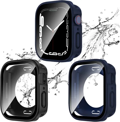 Miniatura 20 de 2 Pack 2 en 1 Funda impermeable para Apple Watch Series 8 7 de 41 mm, Parachoques frontal y trasero de PC de borde recto con protector de pantalla